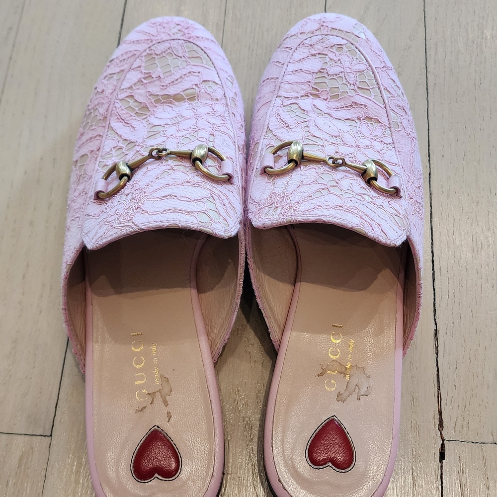 Gucci Pink Lace Horsebit Backless Mules Size 7